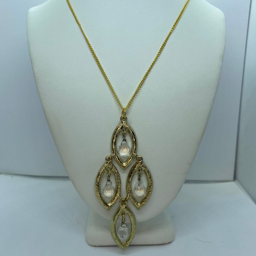 Gold-Tone Leaf Shaped Beaded Drop Necklace
